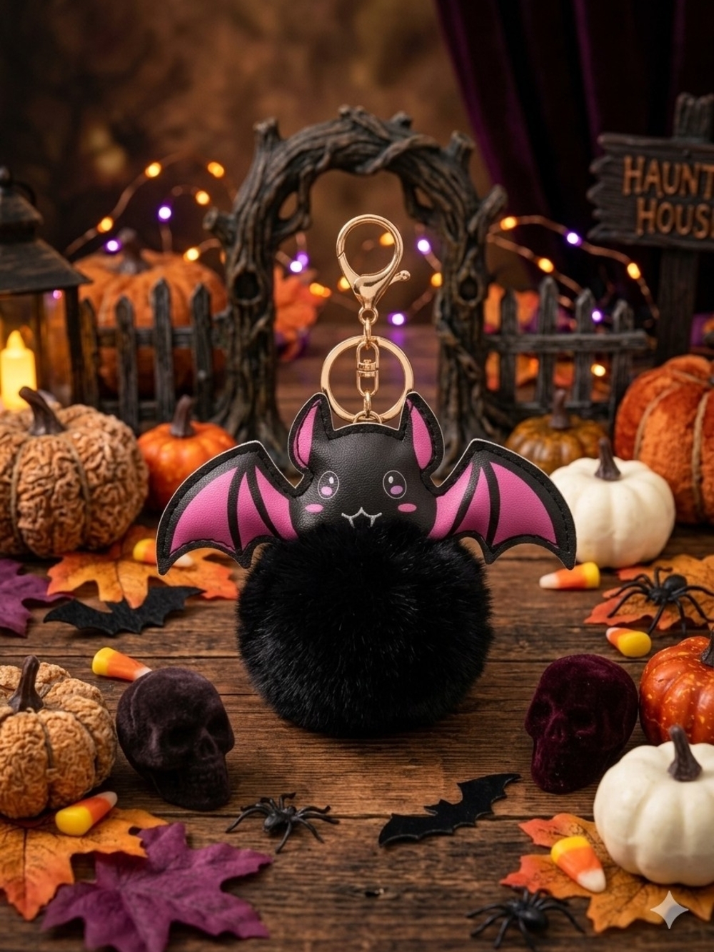 Cute Bat Pom Keychain/Bag Charm Black & Pink NWT